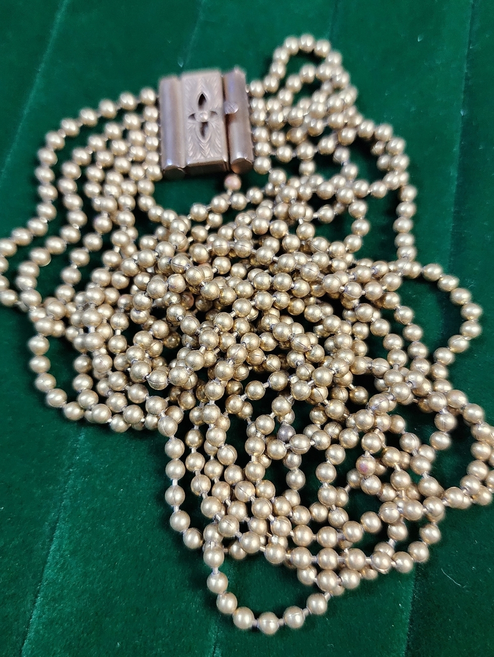 1930s Art Deco Multi Strand Gold Tone Bead Necklace Ornate Box Clasp Antique